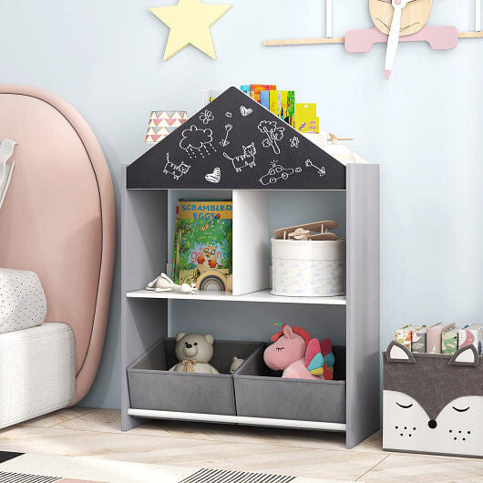 Playhouse Kids Bookshelf with Chalkboard and Whiteboard for 3-6 Years-Gray-0