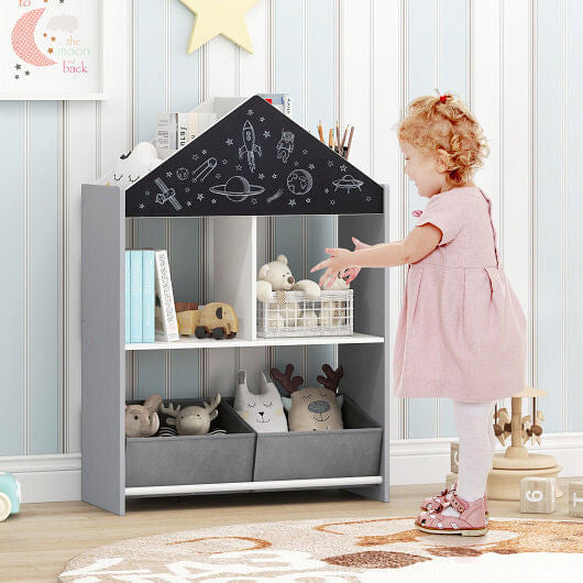 Playhouse Kids Bookshelf with Chalkboard and Whiteboard for 3-6 Years-Gray-1