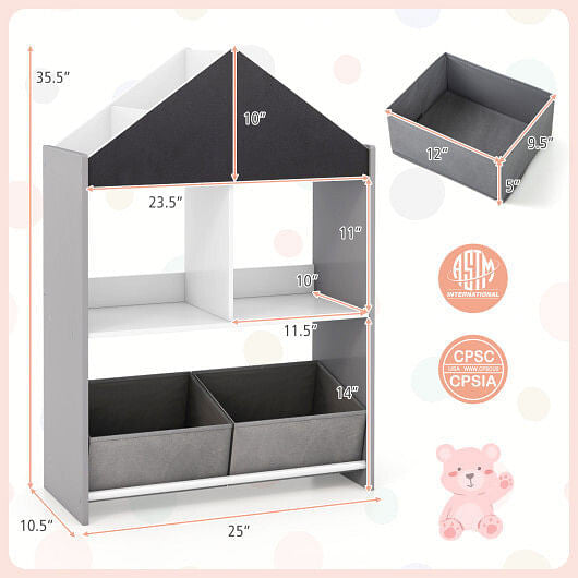 Playhouse Kids Bookshelf with Chalkboard and Whiteboard for 3-6 Years-Gray-3