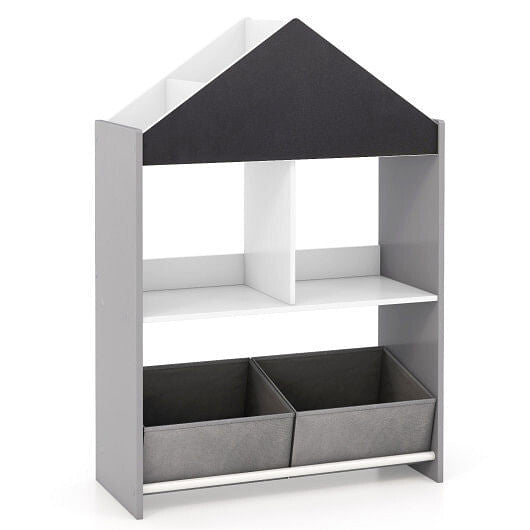 Playhouse Kids Bookshelf with Chalkboard and Whiteboard for 3-6 Years-Gray-9