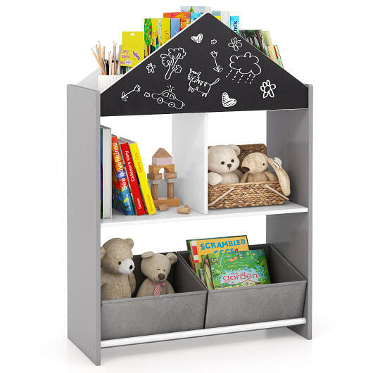Playhouse Kids Bookshelf with Chalkboard and Whiteboard for 3-6 Years-Gray-2