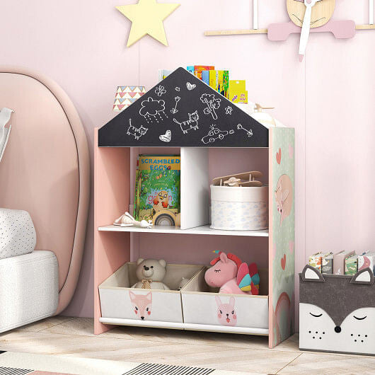 Playhouse Kids Bookshelf with Chalkboard and Whiteboard for 3-6 Years-Gray-5